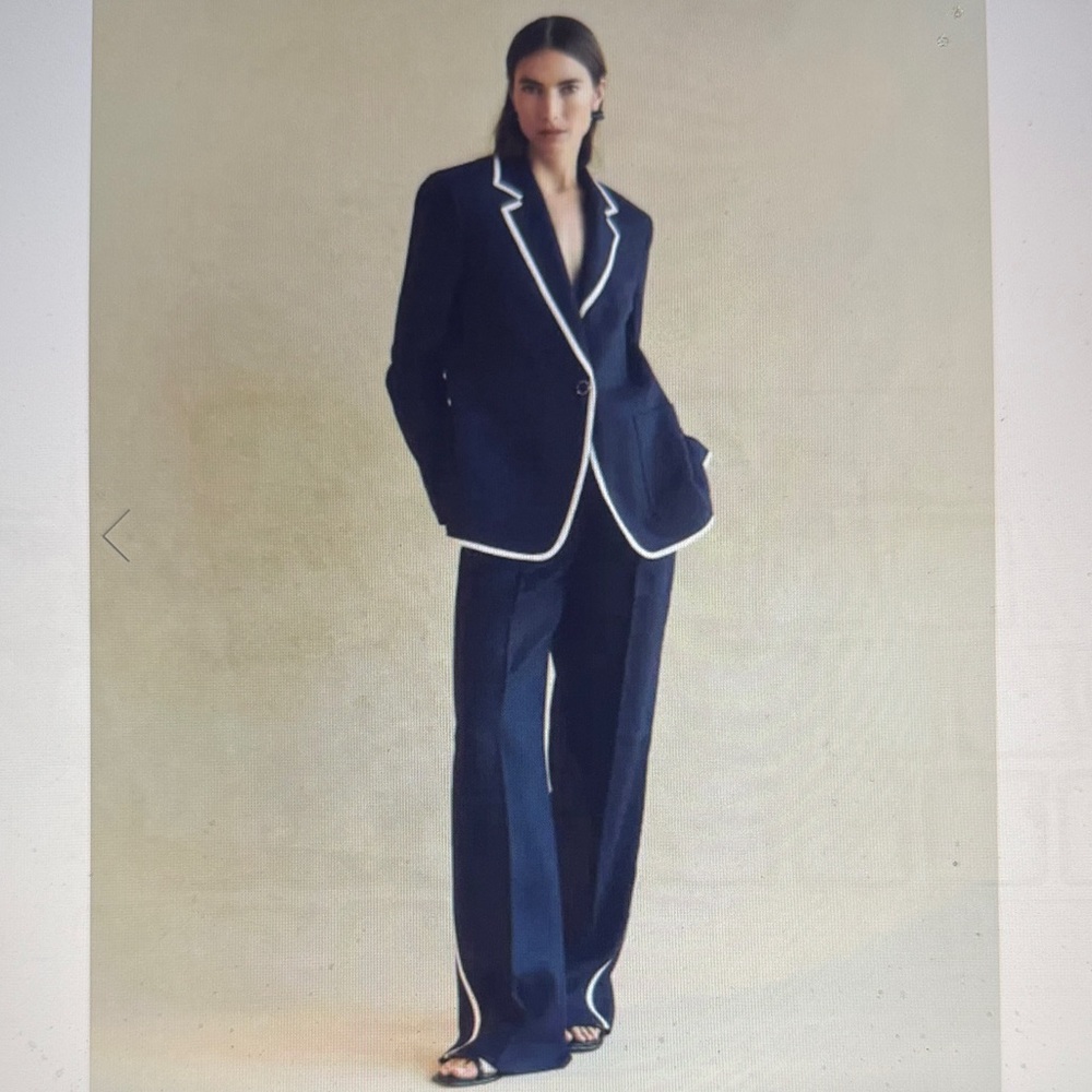 Lafayette 148 New York High Rise Sullivan Navy/White Trim Pants 10